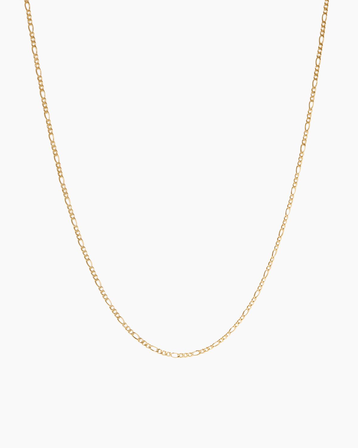 Minimal 18K gold-filled chain necklace photographed on a clean white background, featuring a fine elongated link design. Ideal for women seeking an everyday gold necklace for layering or wearing alone, offering a timeless, lightweight solution for effortless minimalist styling and water-safe daily wear.

