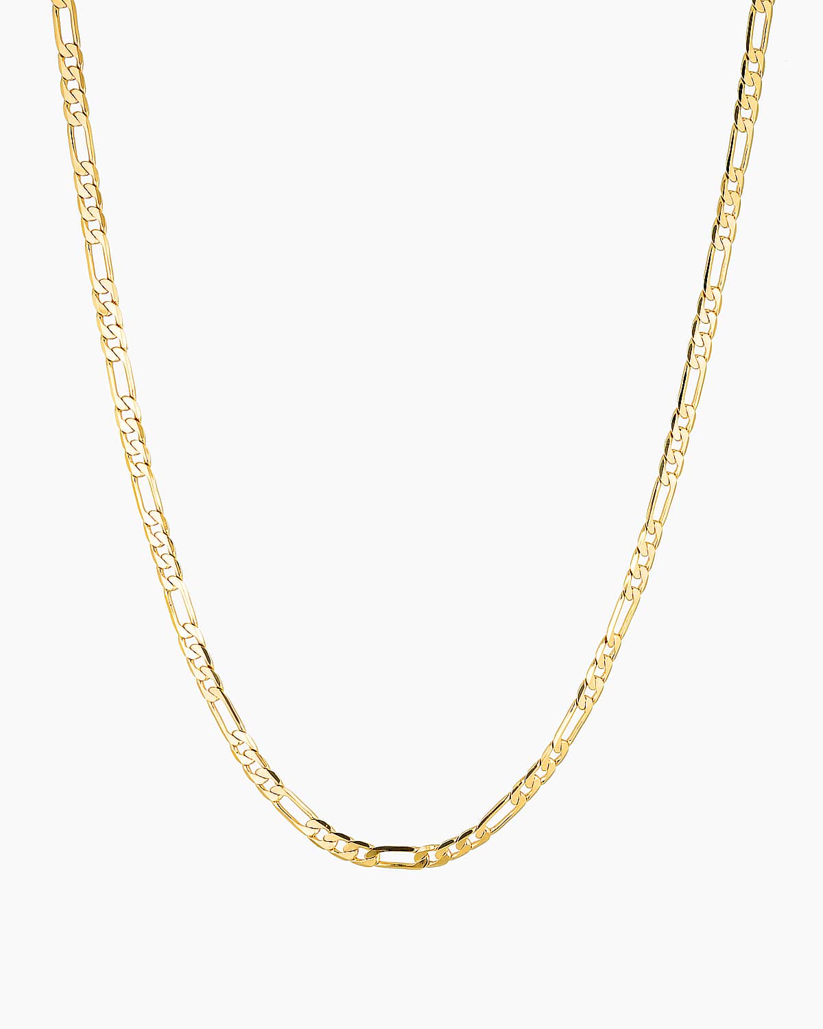 Gold Figaro chain necklace photographed on a clean white background, featuring classic alternating long and short links in a polished gold finish. Designed for women seeking a timeless gold chain necklace for everyday wear, layering, or minimalist styling. Ideal for customers looking for a durable, water-safe gold-filled Figaro necklace that adds effortless elegance to daily outfits and curated necklace stacks.