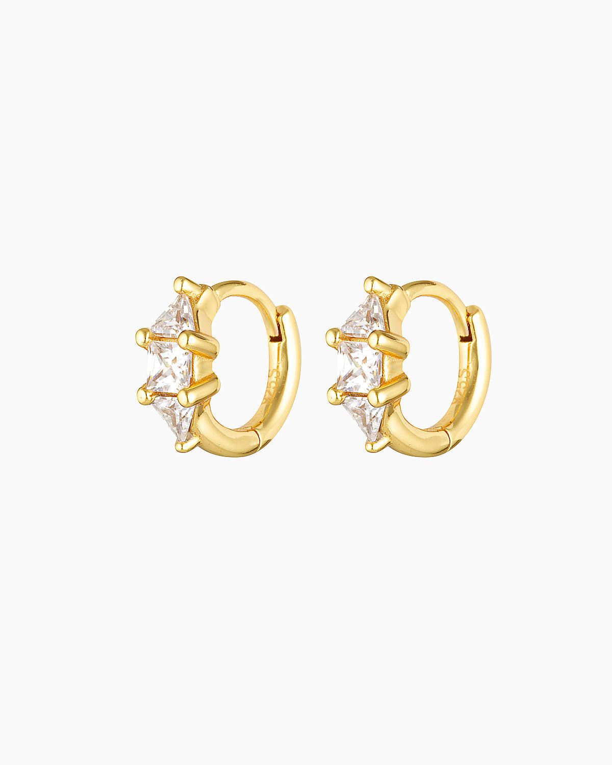 A pair of small gold-plated hoop earrings with a click-lock mechanism, featuring a solid sterling silver base and adorned with multiple small crystals.