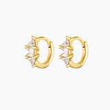 A pair of small gold-plated hoop earrings with a click-lock mechanism, featuring a solid sterling silver base and adorned with multiple small crystals.