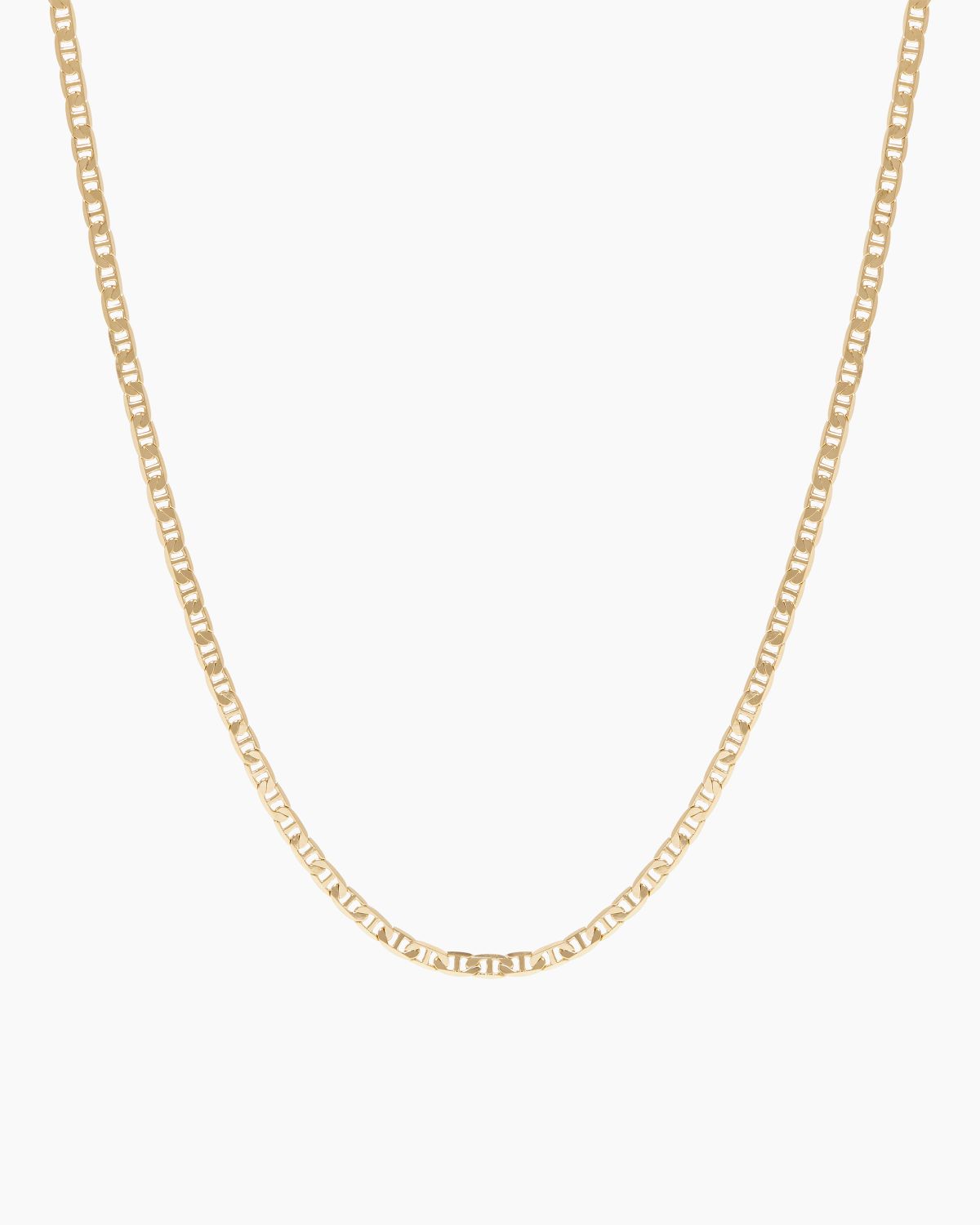 Slim gold chain necklace photographed flat on a white background, featuring a fine flat-link design in 18k gold-filled material. Designed for women seeking a minimalist gold necklace for everyday wear, effortless layering, and water-safe jewellery that can be worn daily without removal.