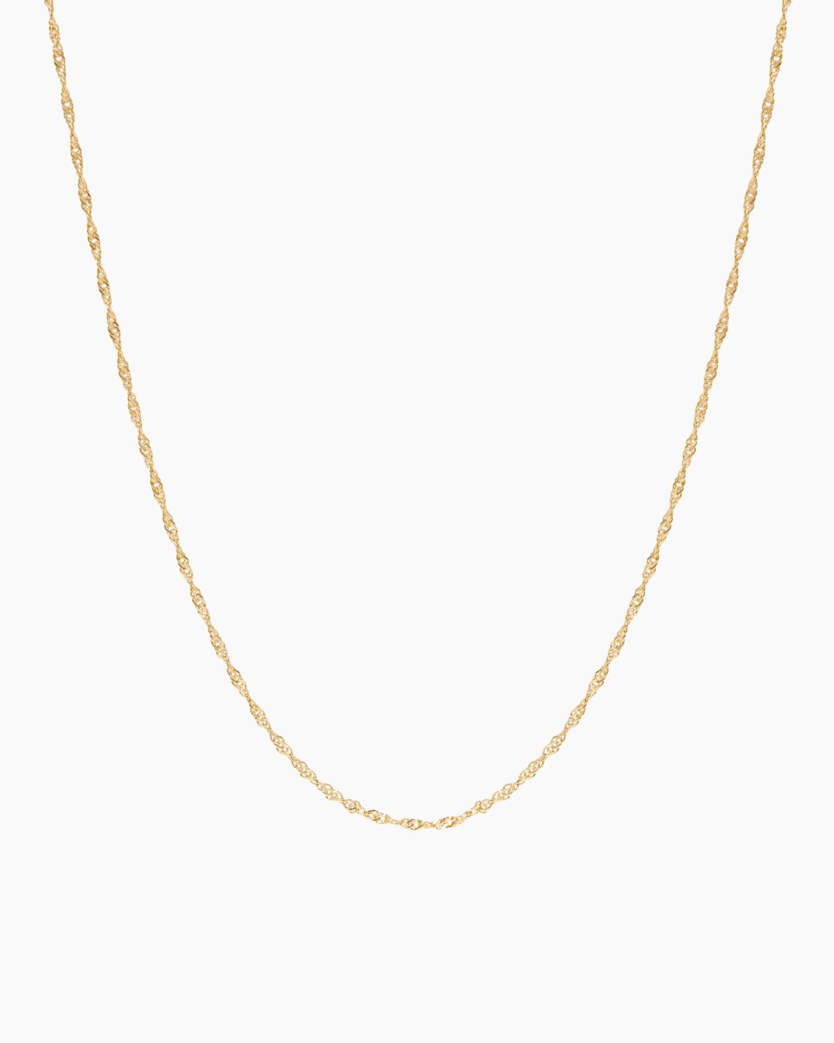 Product-only image of a delicate singapore rope rope chain necklace displayed in a U-shape against a clean white background. The fine twisted chain design highlights a lightweight, minimalist gold necklace suitable for everyday wear or layering with other necklaces. Designed for women seeking a simple, versatile gold chain that complements any outfit and solves the need for an easy, timeless base layer for jewellery stacking or standalone wear.